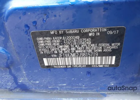 2018 Subaru Wrx Sti из США, поврежденный, VIN JF1VA2M62J9815719